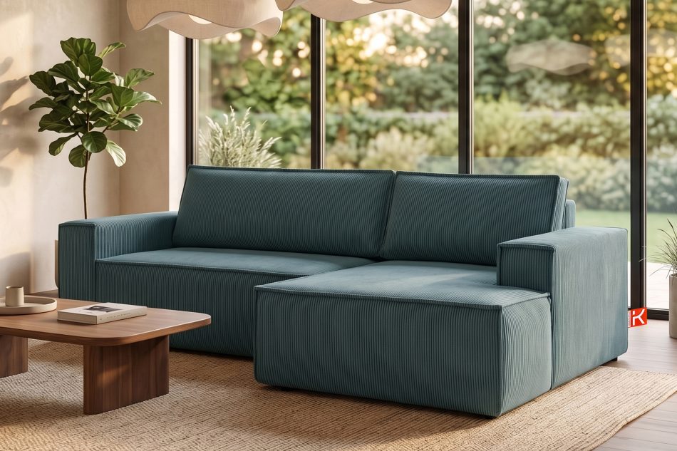 NAPI Kordstoff-Ecksofa rechts mit Schlaffunktion & Bettkasten in blau blau - Foto 19