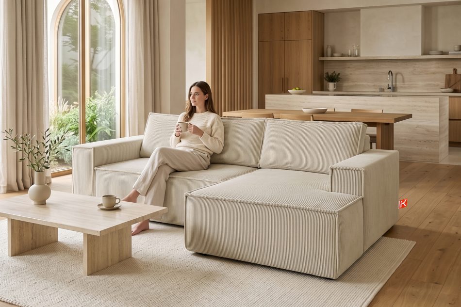NAPI Kordstoff-Ecksofa rechts mit Schlaffunktion & Bettkasten in cremefarben cremefarben - Foto 23