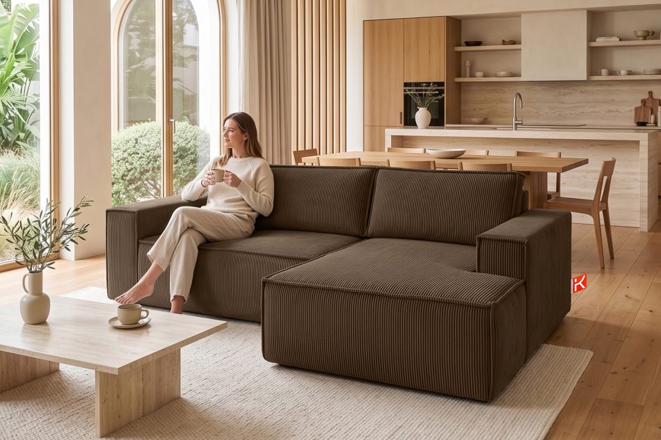 NAPI Kordstoff-Ecksofa rechts mit Schlaffunktion & Bettkasten in dunkelbraun dunkelbraun - Foto 20