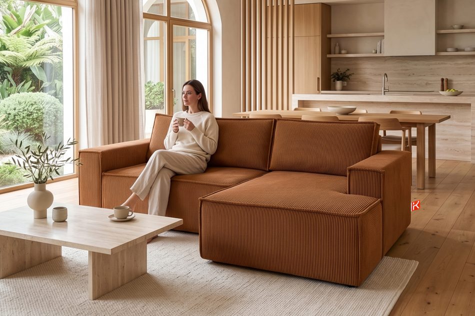 NAPI Kordstoff-Ecksofa rechts mit Schlaffunktion & Bettkasten in rot rot - Foto 20