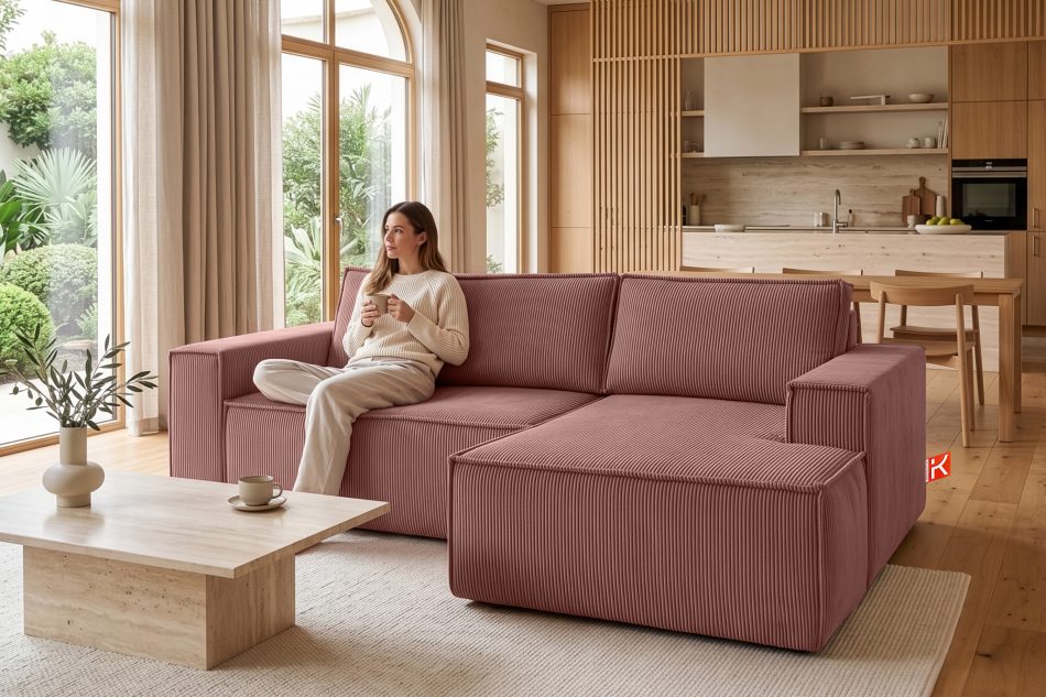 NAPI Kordstoff-Ecksofa rechts mit Schlaffunktion & Bettkasten in rosa rosa - Foto 20