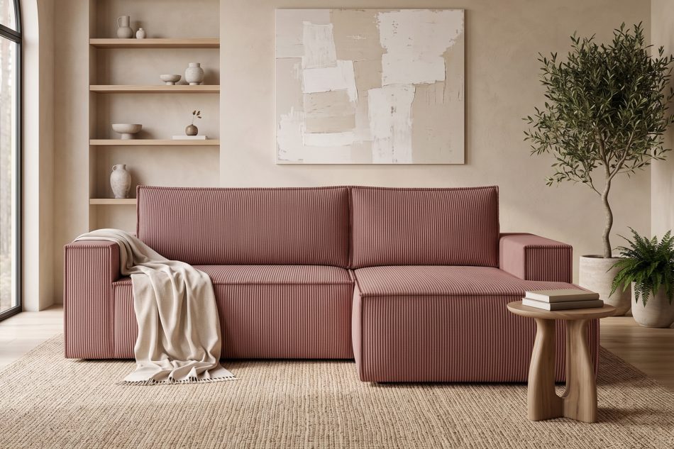 NAPI Kordstoff-Ecksofa rechts mit Schlaffunktion & Bettkasten in rosa rosa - Foto 21