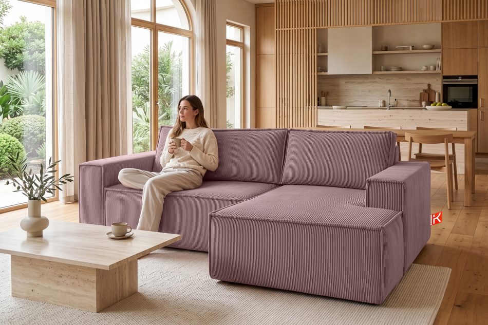 NAPI Kordstoff-Ecksofa rechts mit Schlaffunktion & Bettkasten in hellviolett hellviolett - Foto 20