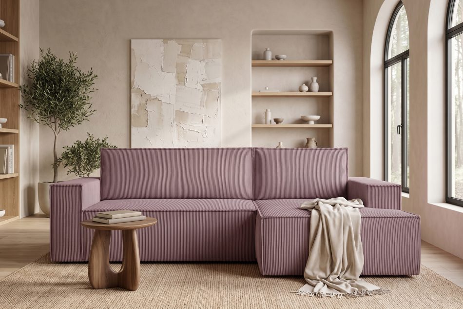 NAPI Kordstoff-Ecksofa rechts mit Schlaffunktion & Bettkasten in hellviolett hellviolett - Foto 21