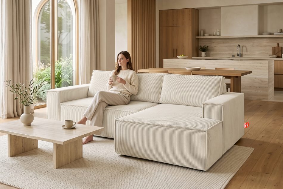 NAPI Kordstoff-Ecksofa rechts mit Schlaffunktion & Bettkasten in ecrufarben ecrufarben - Foto 20