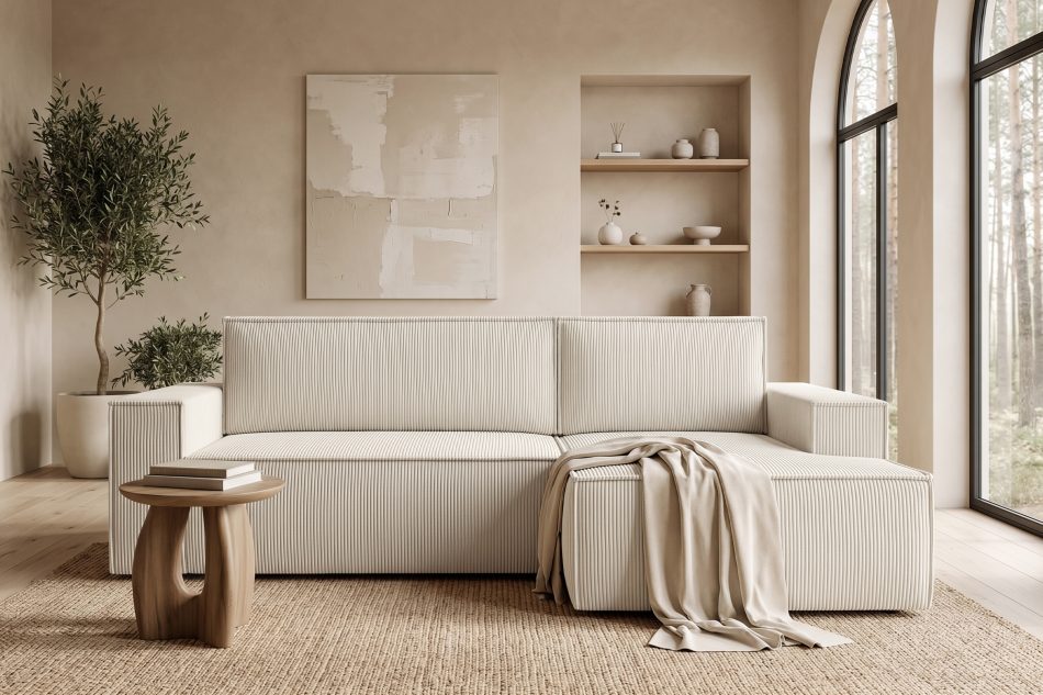NAPI Kordstoff-Ecksofa rechts mit Schlaffunktion & Bettkasten in ecrufarben ecrufarben - Foto 21