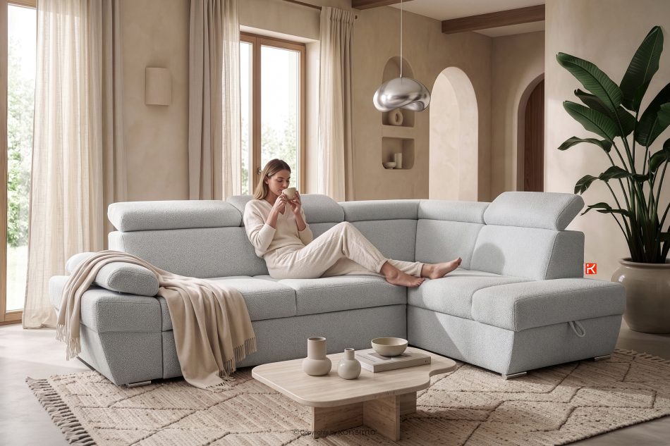 RATLO Ausklappbares Ecksofa mit Bettzeugcontainer grau rechts Bouclé grau - Foto 16