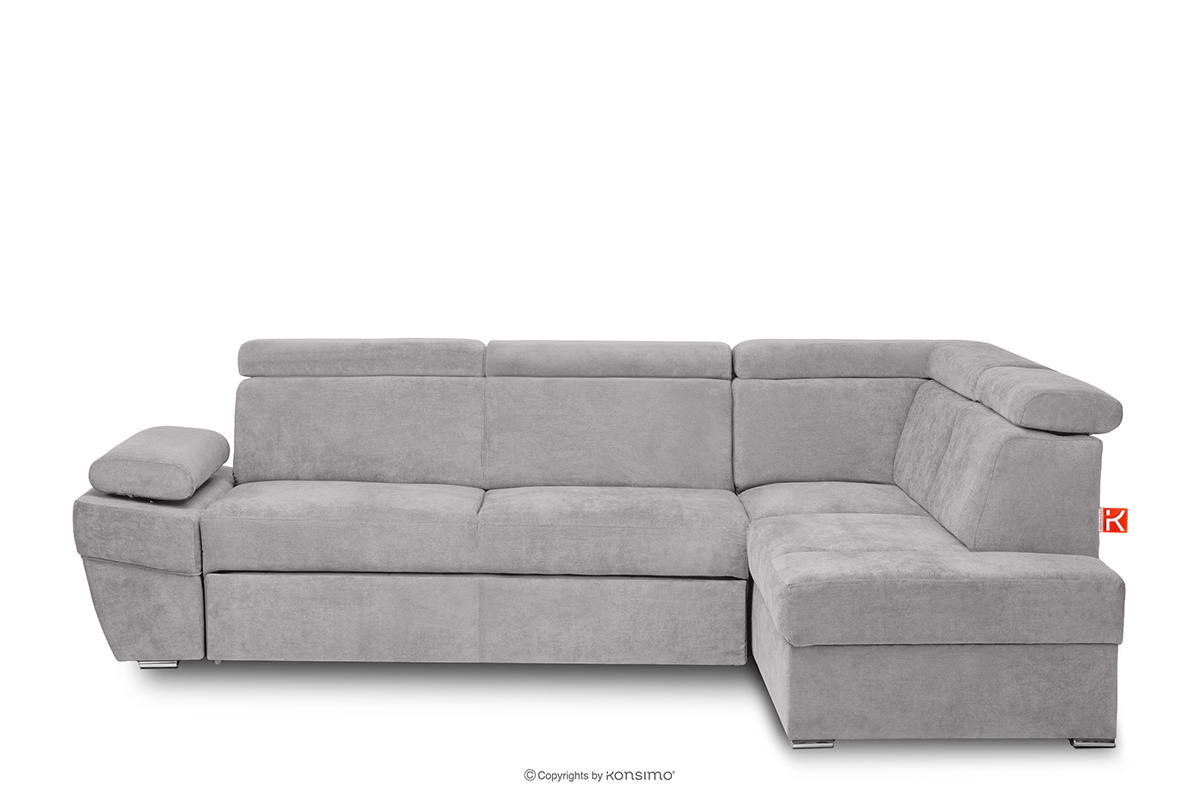 Ausklappbares Ecksofa mit Bettzeugablage hellgrau rechts