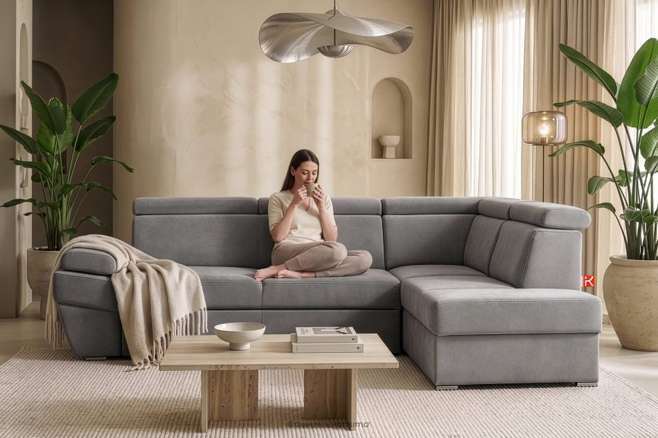 RATLO Ausklappbares Ecksofa mit Bettzeugablage hellgrau rechts hellgrau - Foto 6