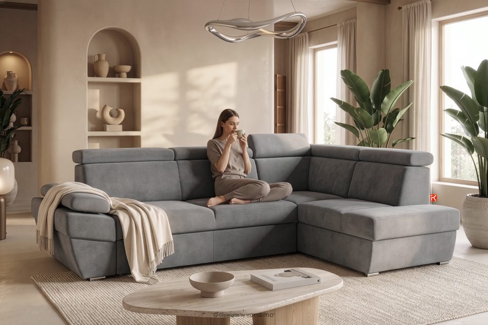 RATLO Ausklappbares Ecksofa mit Bettzeugcontainer grau rechts dunkelgrau - Foto 12