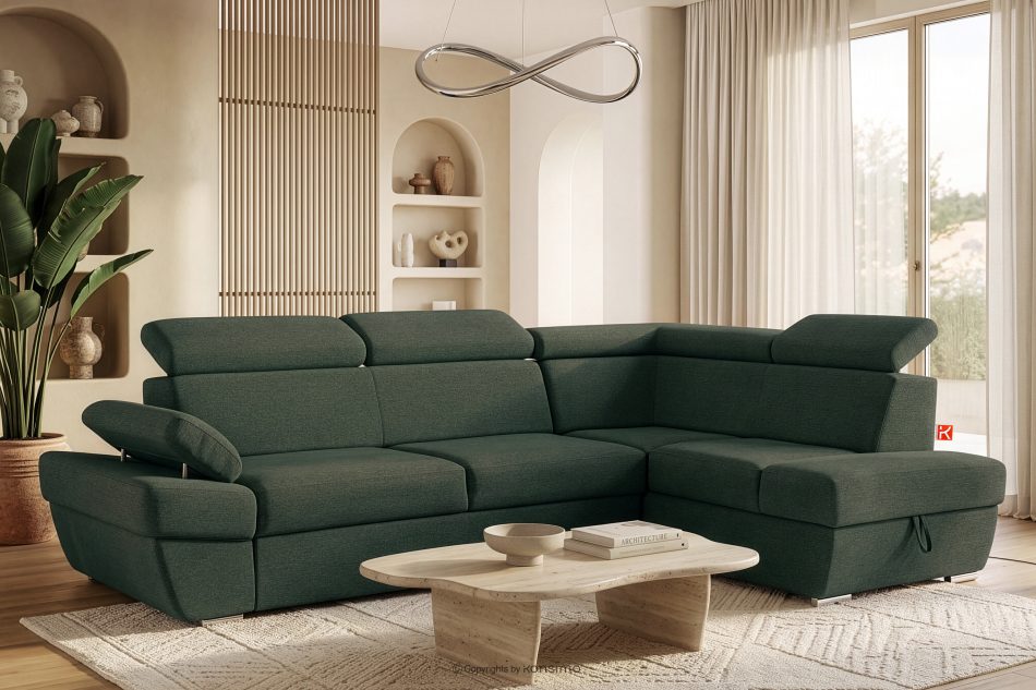 RATLO Ecksofa rechts mit Schlaffunktion und Bettzeugcontainer in grün/beige marine/beige - Foto 1