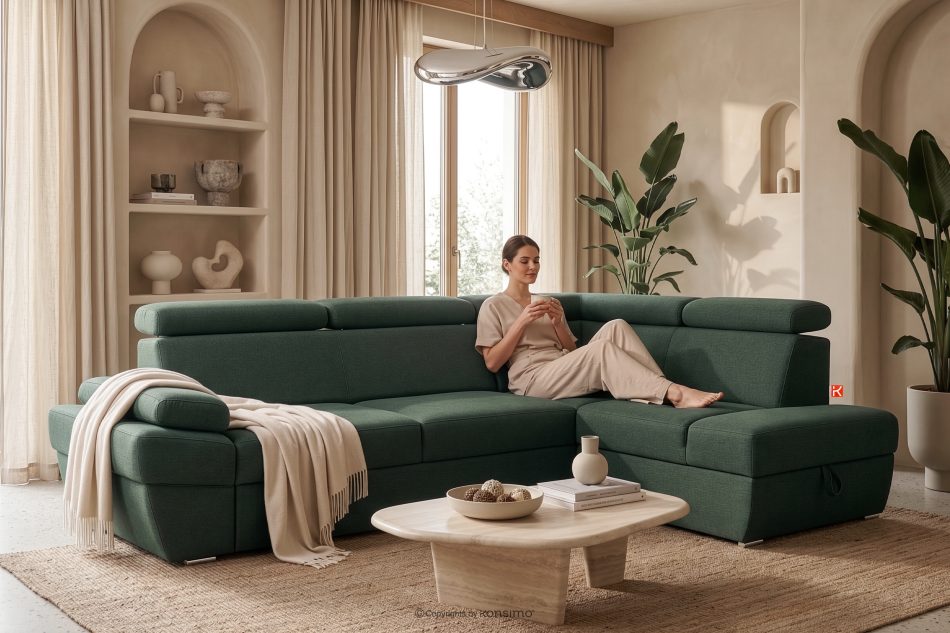 RATLO Ecksofa rechts mit Schlaffunktion und Bettzeugcontainer in grün/beige marine/beige - Foto 15