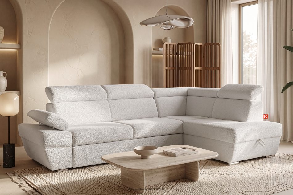 RATLO Ausklappbares Ecksofa mit Bettzeugcontainer creme rechts Bouclé creme - Foto 1