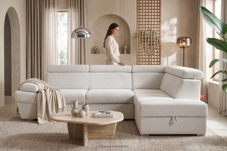 RATLO Ausklappbares Ecksofa mit Bettzeugcontainer creme rechts Bouclé creme - Foto 15