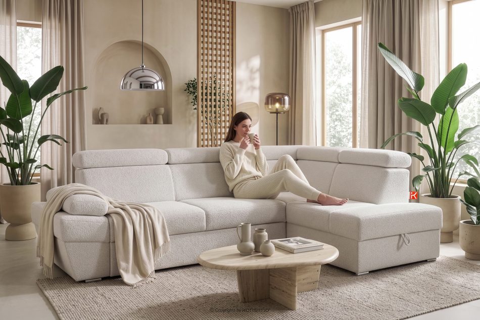 RATLO Ausklappbares Ecksofa mit Bettzeugcontainer creme rechts Bouclé creme - Foto 16