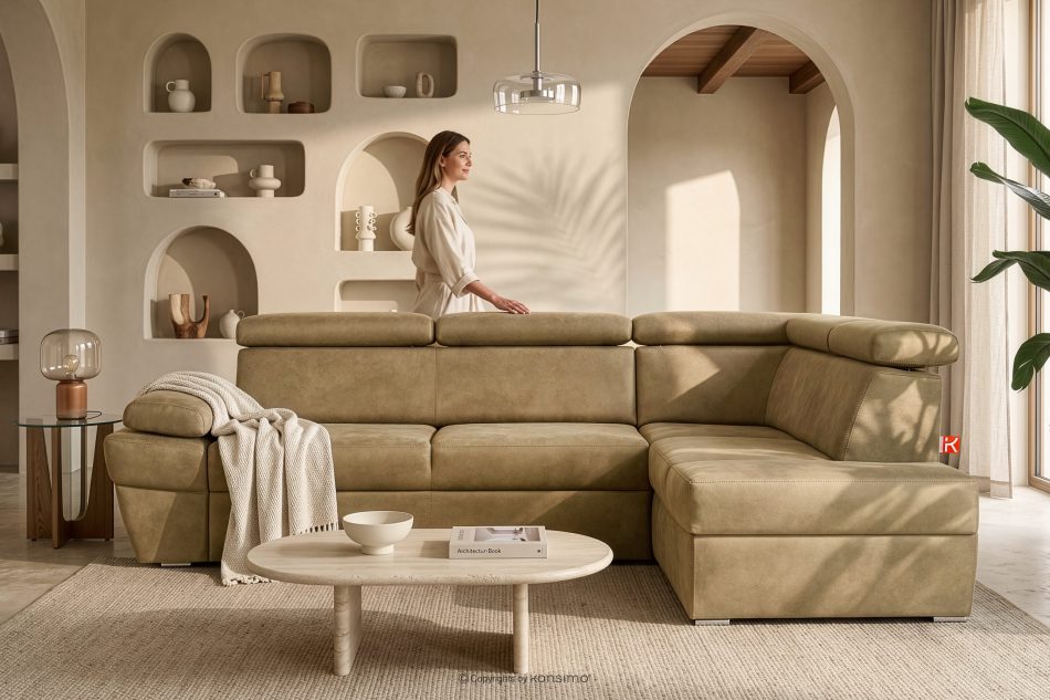RATLO Ecksofa rechts mit Schlaffunktion in Leder-Optik in sandgelb sandfarben - Foto 15