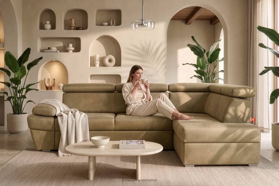 RATLO Ecksofa rechts mit Schlaffunktion in Leder-Optik in sandgelb sandfarben - Foto 16