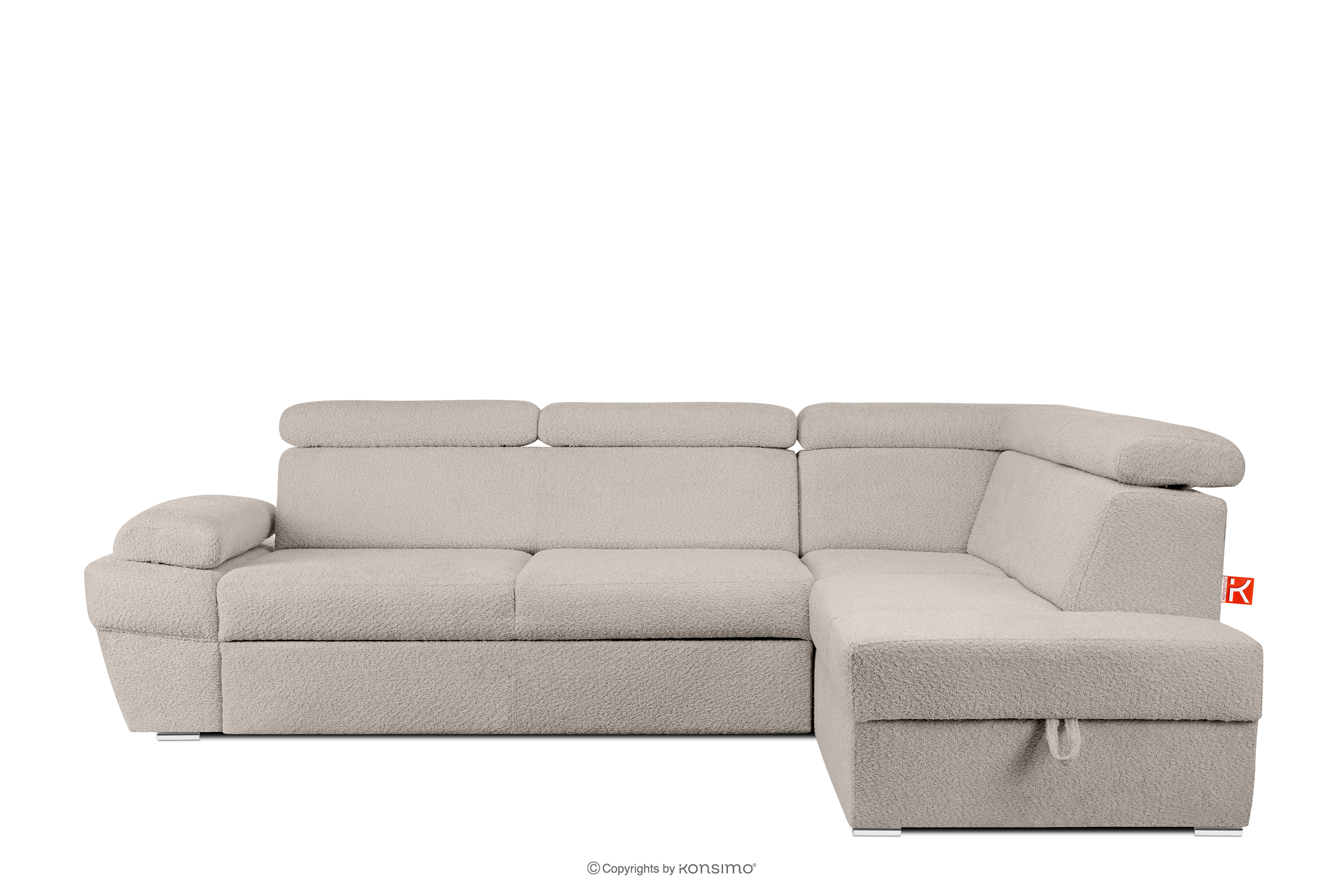 Ausklappbares Ecksofa mit Bettzeugcontainer hellbeige rechts Bouclé