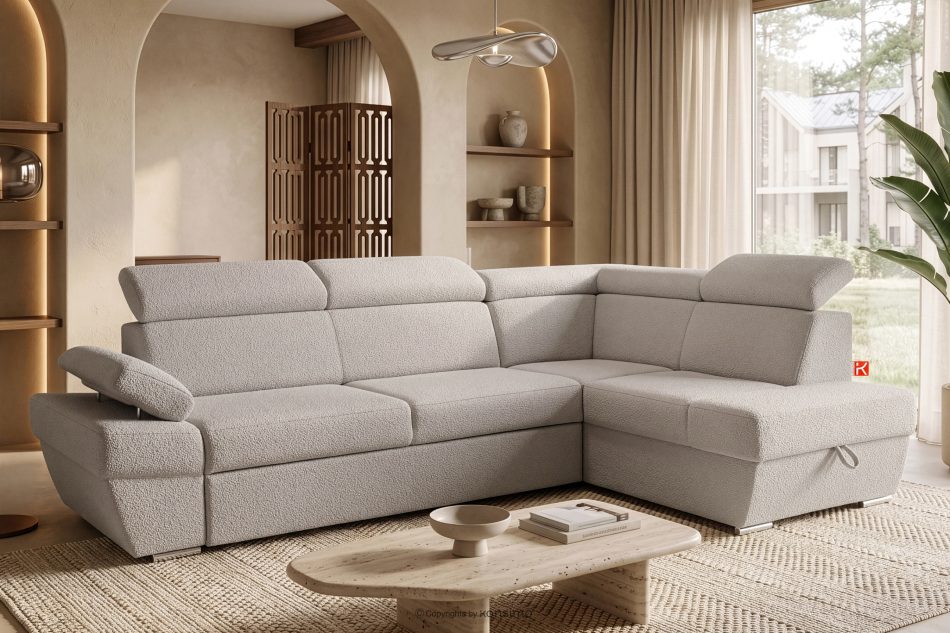 RATLO Ausklappbares Ecksofa mit Bettzeugcontainer hellbeige rechts Bouclé hellbeige - Foto 1