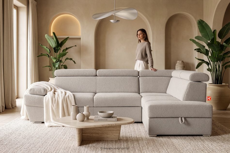 RATLO Ausklappbares Ecksofa mit Bettzeugcontainer hellbeige rechts Bouclé hellbeige - Foto 15