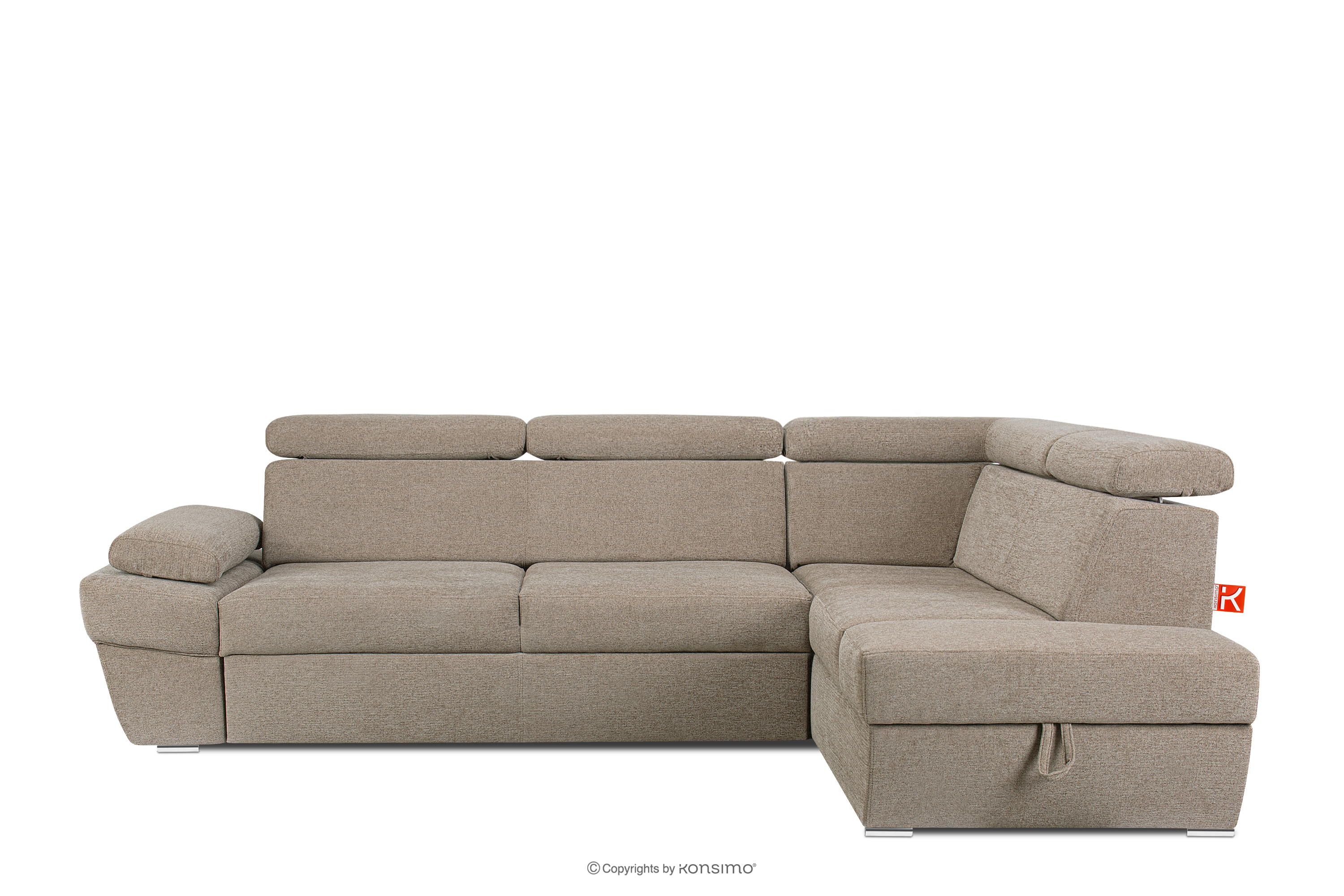 Ecksofa rechts mit Schlaffunktion und Bettzeugcontainer in dunkelbeige