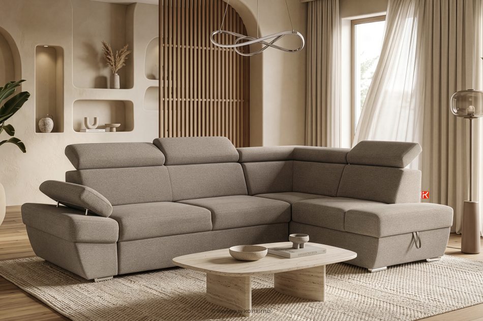 RATLO Ecksofa rechts mit Schlaffunktion und Bettzeugcontainer in dunkelbeige dunkelbeige - Foto 1