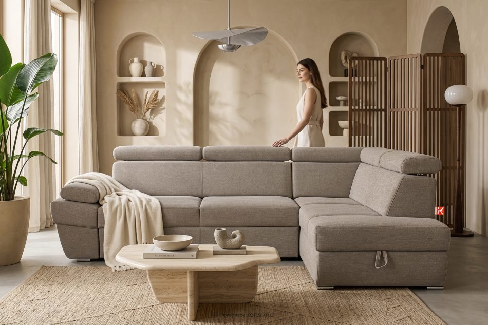 RATLO Ecksofa rechts mit Schlaffunktion und Bettzeugcontainer in dunkelbeige dunkelbeige - Foto 14