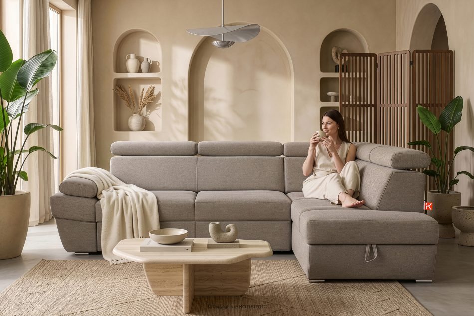RATLO Ecksofa rechts mit Schlaffunktion und Bettzeugcontainer in dunkelbeige dunkelbeige - Foto 15