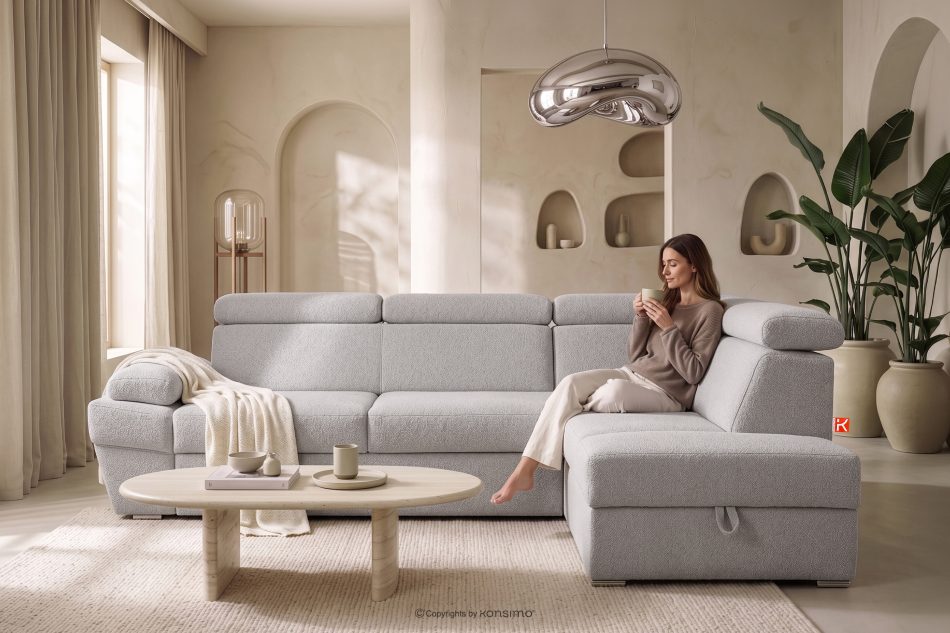 RATLO Ausklappbares Ecksofa mit Bettzeugcontainer braun rechts Bouclé braun - Foto 16