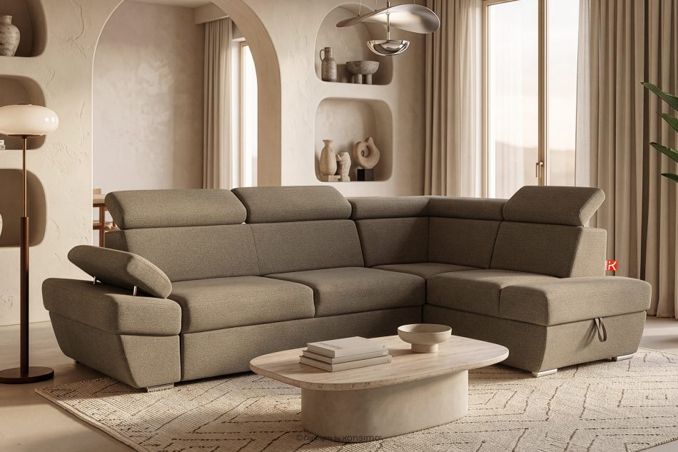 RATLO Ecksofa rechts mit Schlaffunktion und Bettzeugcontainer in hellbraun hellbraun - Foto 1