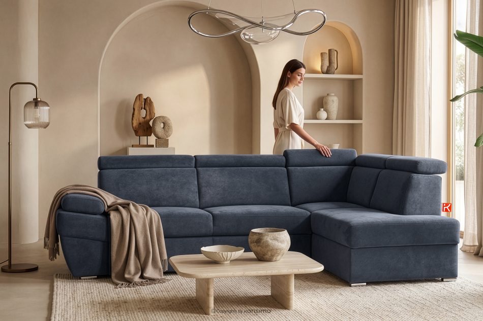 RATLO Ausklappbares Ecksofa mit Bettzeugcontainer navy blau rechts marineblau - Foto 10