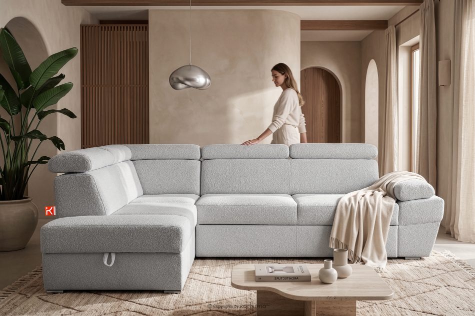 RATLO Ausklappbares Ecksofa mit Bettzeugcontainer grau links Bouclé grau - Foto 15