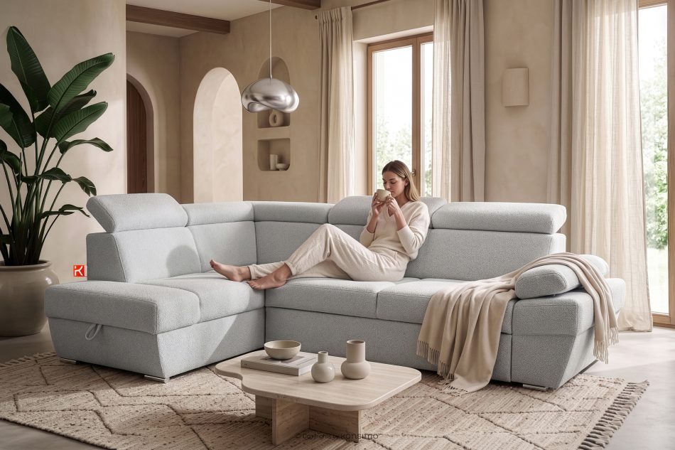 RATLO Ausklappbares Ecksofa mit Bettzeugcontainer grau links Bouclé grau - Foto 16