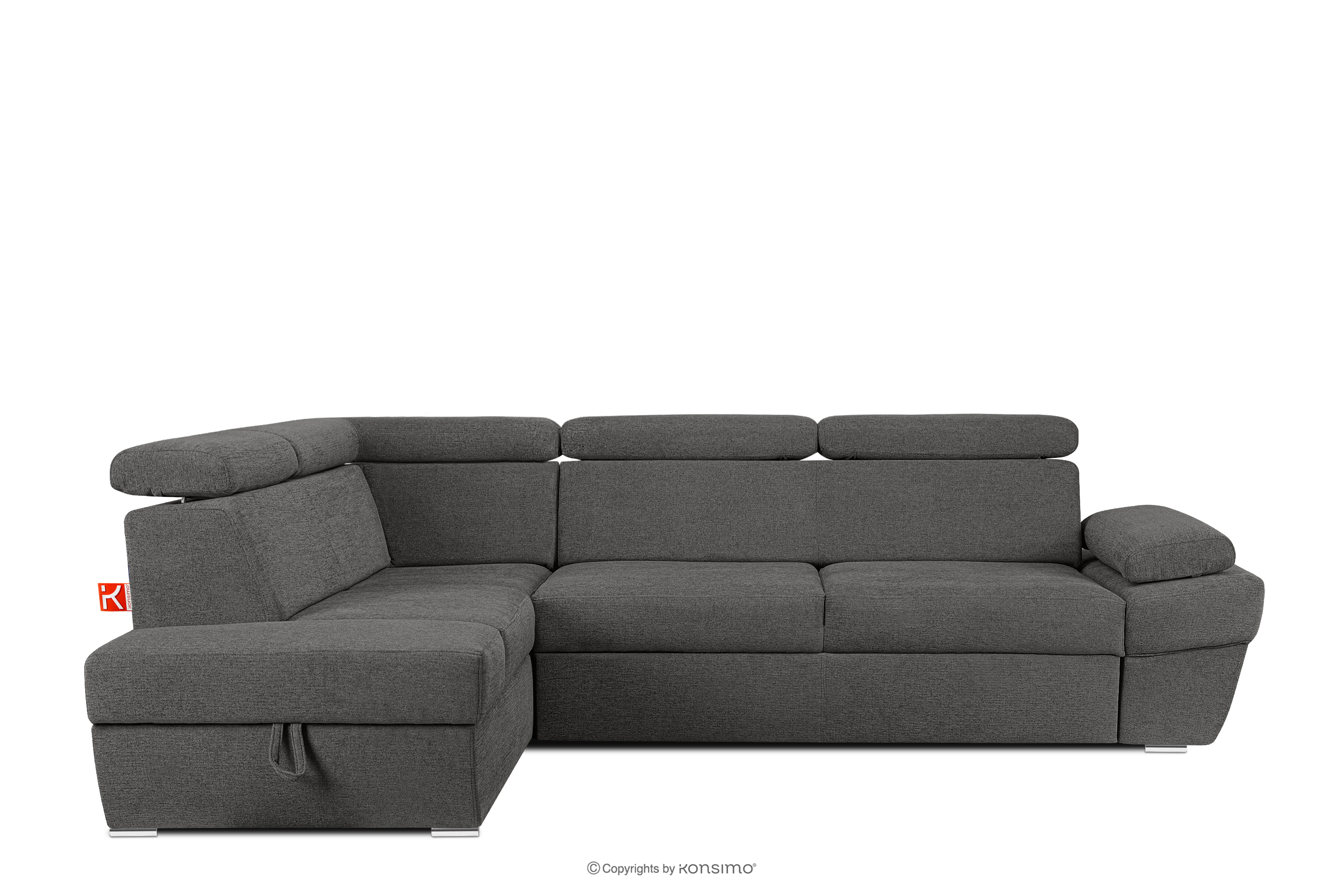 Ecksofa links mit Schlaffunktion und Bettzeugcontainer in graphitfarben