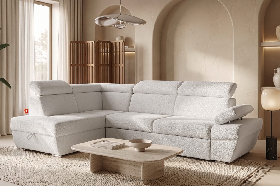 RATLO Ausklappbares Ecksofa mit Bettzeugcontainer creme links Bouclé creme - Foto 1
