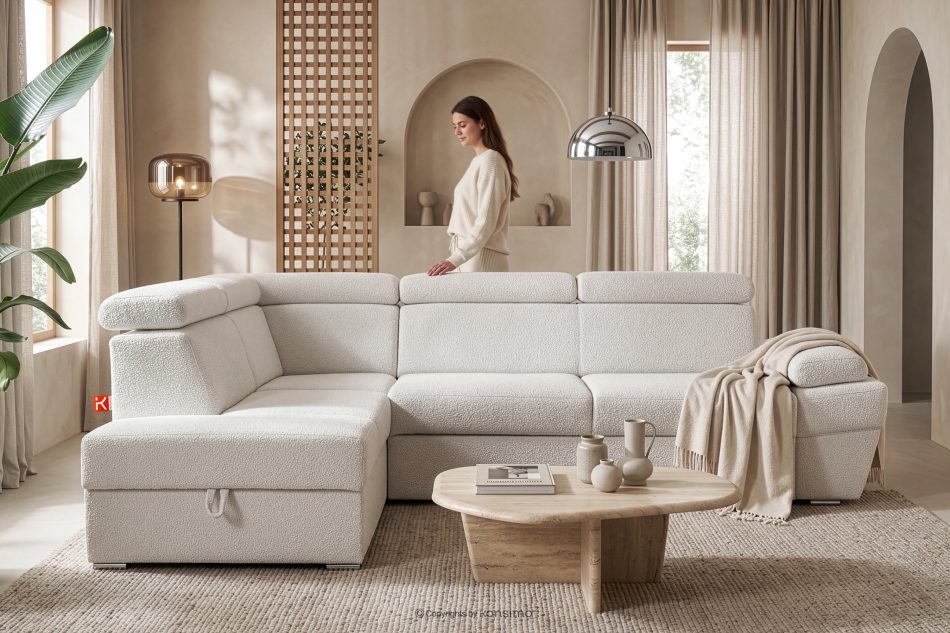 RATLO Ausklappbares Ecksofa mit Bettzeugcontainer creme links Bouclé creme - Foto 15