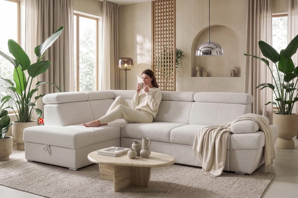 RATLO Ausklappbares Ecksofa mit Bettzeugcontainer creme links Bouclé creme - Foto 16