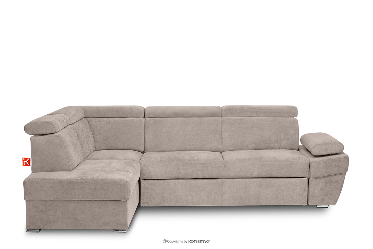 Ausklappbares Ecksofa mit Bettzeugcontainer beige links