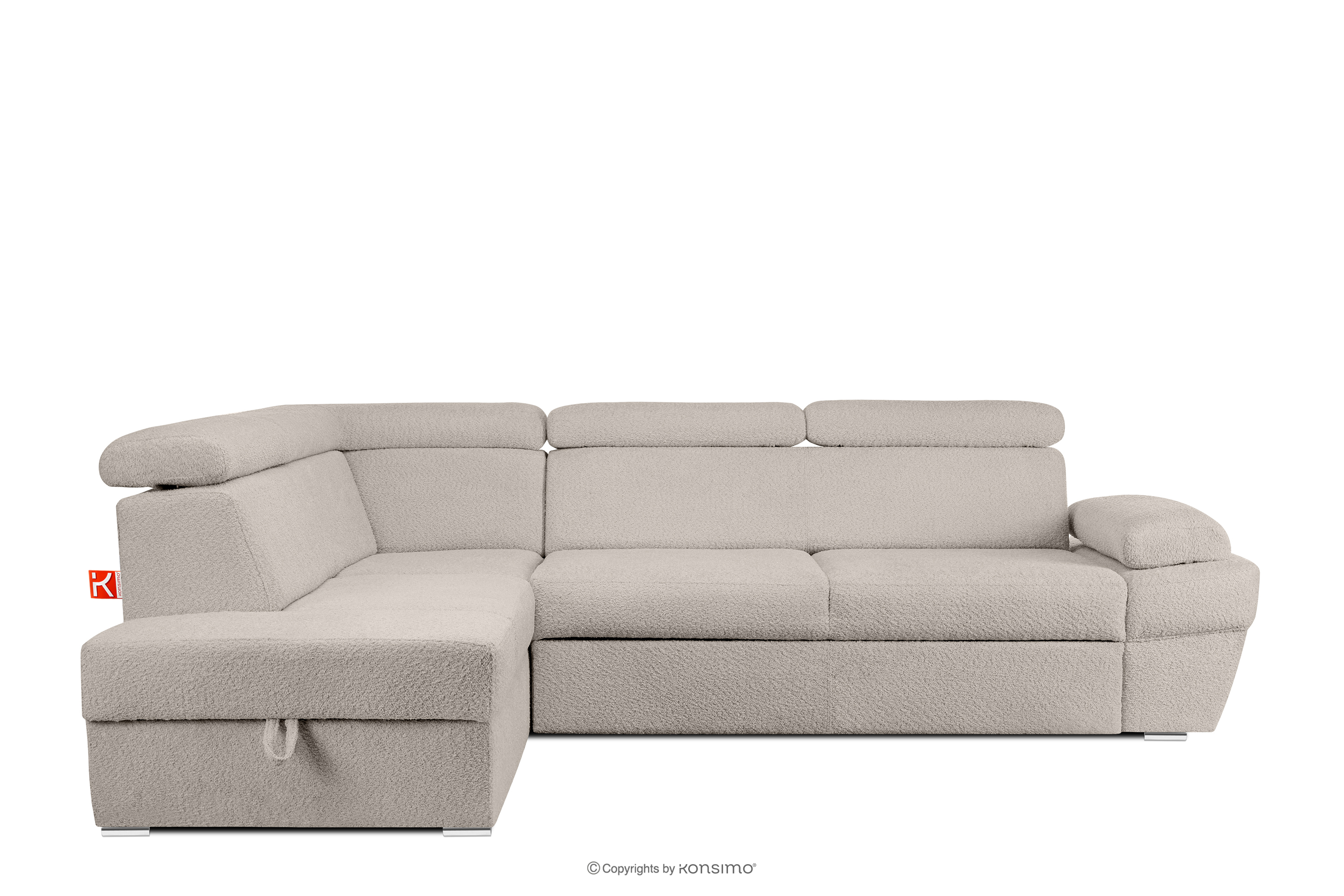 Ausklappbares Ecksofa mit Bettzeugcontainer hellbeige links Bouclé