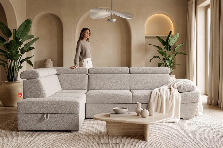 RATLO Ausklappbares Ecksofa mit Bettzeugcontainer hellbeige links Bouclé hellbeige - Foto 15