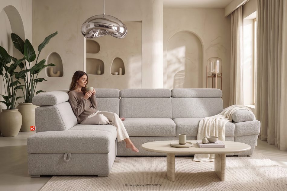 RATLO Ausklappbares Ecksofa mit Bettzeugcontainer hellbeige links Bouclé hellbeige - Foto 16
