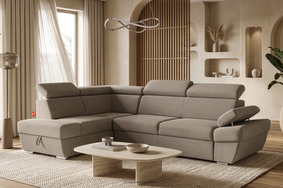 RATLO Ecksofa links mit Schlaffunktion und Bettzeugcontainer in dunkelbeige dunkelbeige - Foto 1