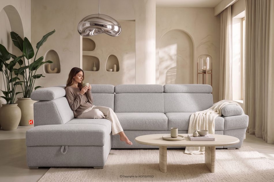 RATLO Ausklappbares Ecksofa mit Bettzeugcontainer braun links Bouclé braun - Foto 16