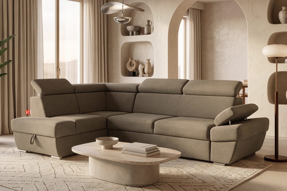 RATLO Ecksofa links mit Schlaffunktion und Bettzeugcontainer in hellbraun hellbraun - Foto 1