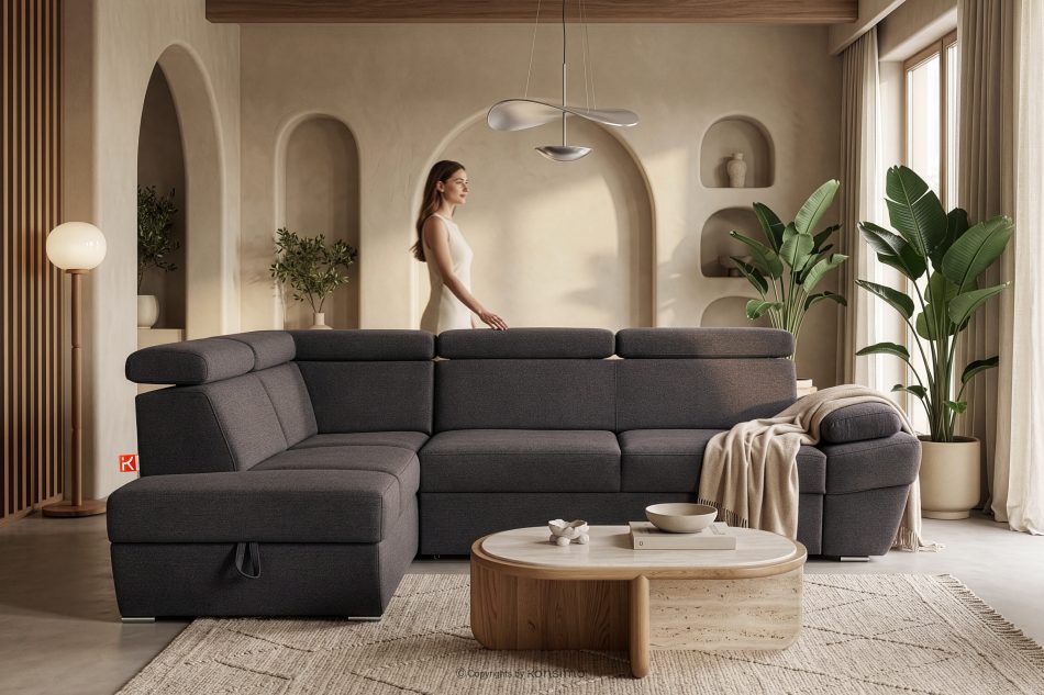 RATLO Ecksofa links mit Schlaffunktion und Bettzeugcontainer in marineblau/braun marineblau/braun - Foto 14