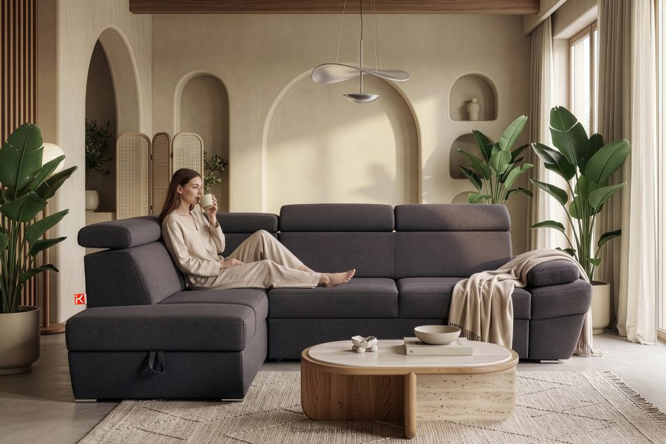 RATLO Ecksofa links mit Schlaffunktion und Bettzeugcontainer in marineblau/braun marineblau/braun - Foto 15