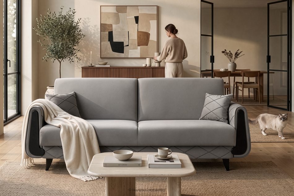 GUSTAVO III Dreisitzer-Sofa in Stoff Velours ausziehbar hellgrau hellgrau - Foto 13