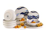 Essgeschirr-Set Wellen im skandinavischen Stil 6 Personen (18 Stück) blau/beige/olivgrün