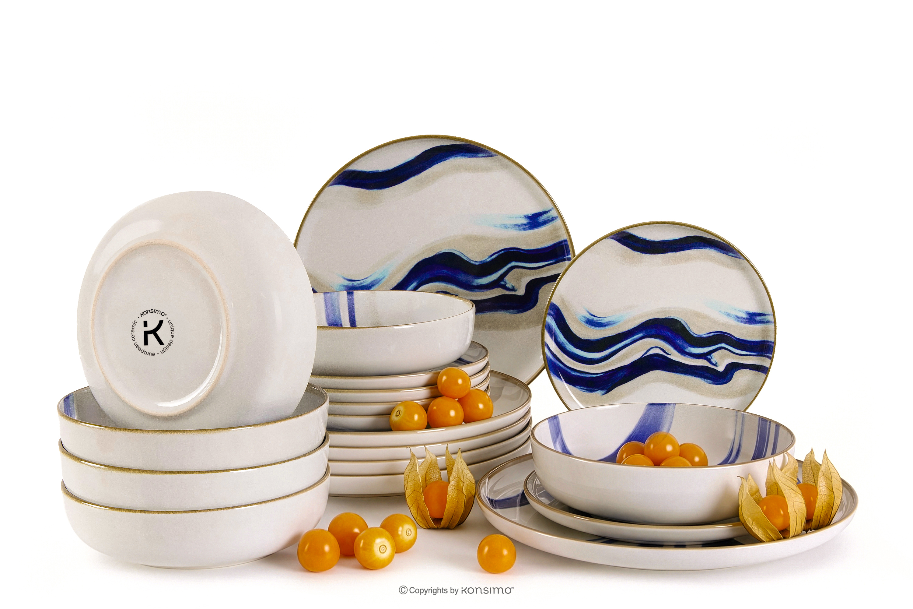 Essgeschirr-Set Wellen im skandinavischen Stil 6 Personen (18 Stück) blau/beige/olivgrün
