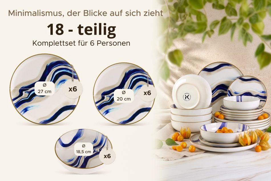 DALLI Essgeschirr-Set Wellen im skandinavischen Stil 6 Personen (18 Stück) blau/beige/olivgrün blau/beige/olivgrün - Foto 8